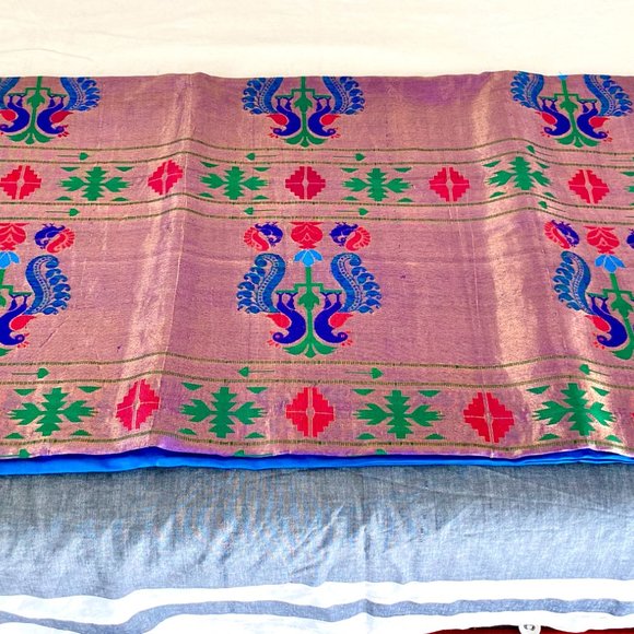 Classic Blue paithani in pure silk with peacock embroidery - Picture 2 of 3